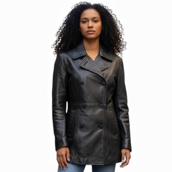 Mantique Jackets & Blazers - Mantique Black Double-Breasted Leather Jacket, quilted lining, pockets Sz Med 🇨🇦